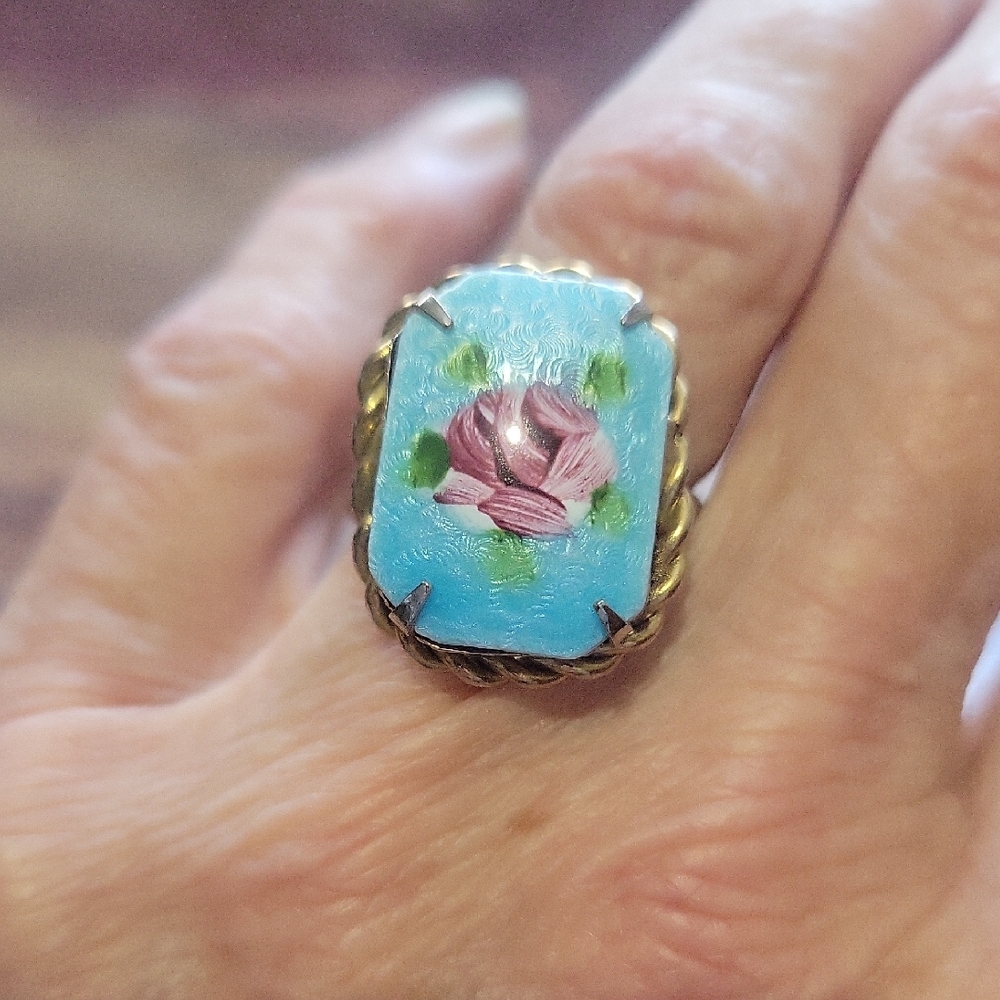 GEORGIAN~Blue Guilloche Enamel Ring~ Adjustable~ Hand Painted